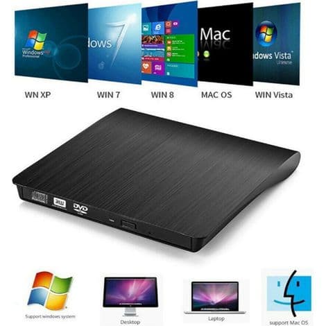 Eksternt CD/DVD-drev - USB 3.0 - Kompatibel med Windows og Mac - Til bærbare og stationære computere - 14,6 x 14,3 x 1,6 cm - Sort