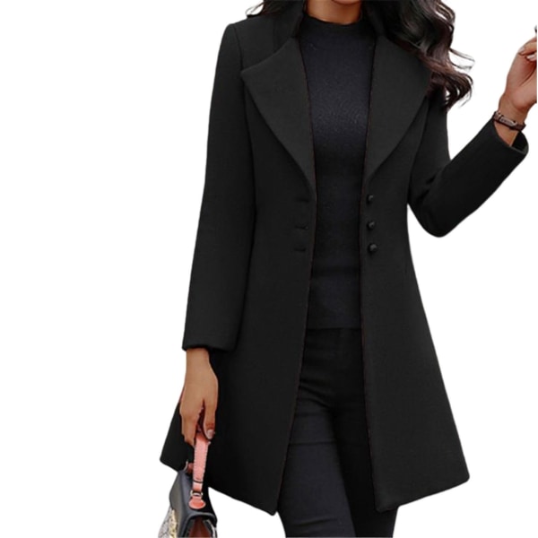 Pea Coats til kvinder Knaplukning Overfrakke med hakket revers til formelt arbejde Black L