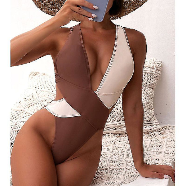 Riseado Color Block Badedragt One Piece Deep V Badedragt Brown S