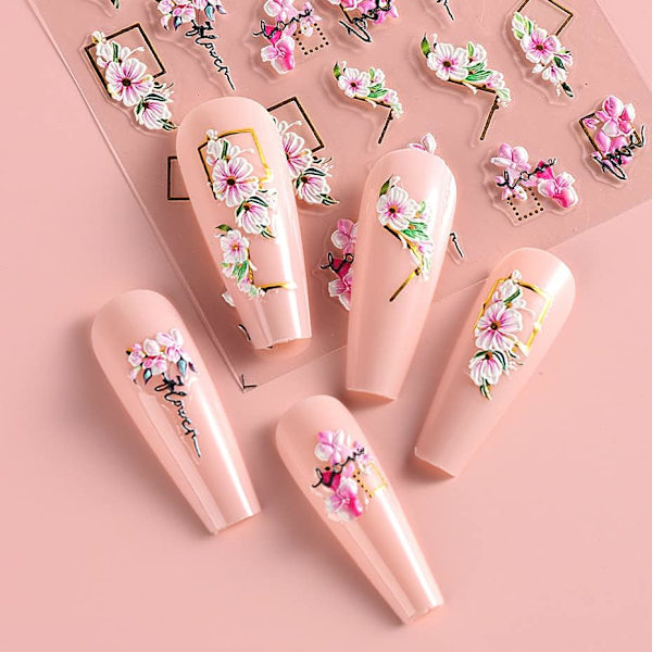 Nageldekal med 3D-präglad blomma och blad, 5D-lim