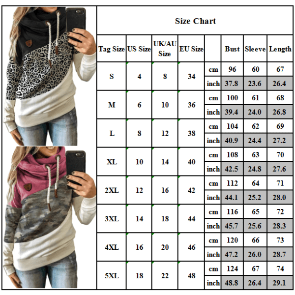 Hettegenser for dame med turtleneck sweatshirt hoodie sport camo genser Leopard + Khaki M