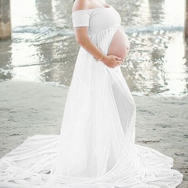 ode Slit Gravid Lång Kjol Temperament Strand Lång Klänning White M