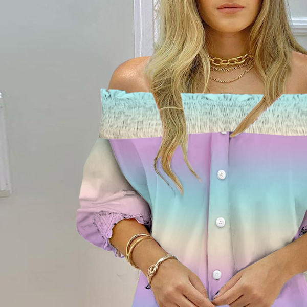 Dameskjorte med stribet print Dame langærmet bluse off Shoulder Pattern 2 L