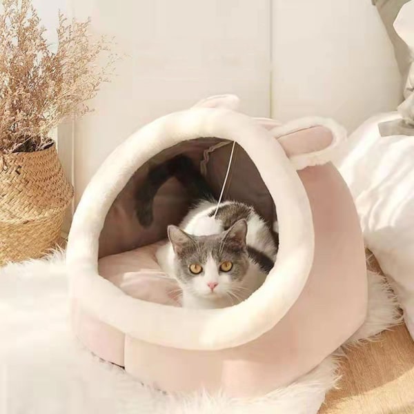 Mjuk varm kattsäng östagbar söt design med en hängande hårbollssäng för husdjur med anti-halk botten Pink Rabbit L