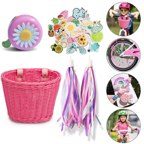 Barn Cykelkorg Fram Vävd Wicker Cykelkorg Med Styre Streamers Pink