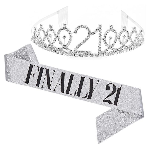 Kvinnor glittrande Rhinestone Brev Print Sash Tiara Set födelsedag Silver 21 år gammal