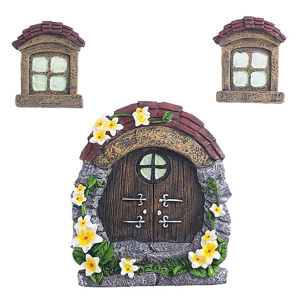 3st Fairy House Dörrfönster Miniatyrfigur för hem De