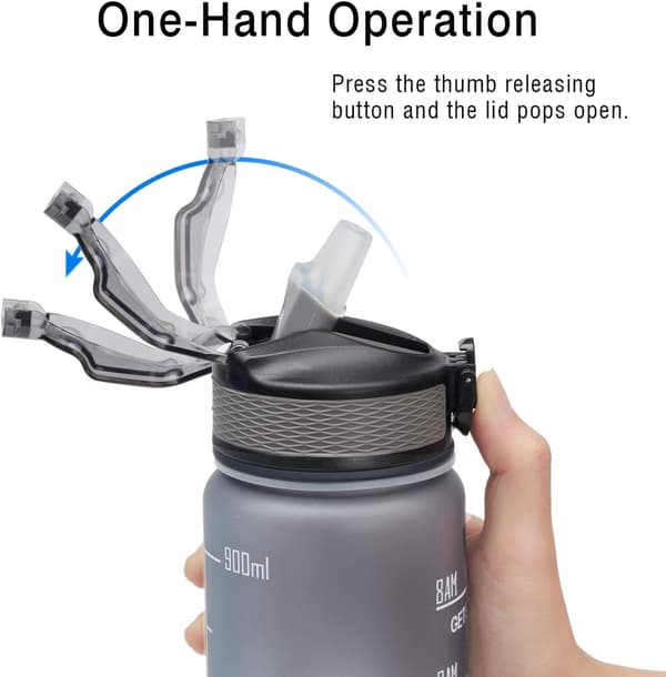 Vattenflaska med sugrör, 32 oz, vattenflaska med tidsmarkörer, Gray
