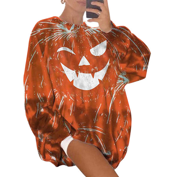 Trykte hettegensere Genser Halloween Tegneserie Spøkelsesansikt Rund Hals Gresskarfarge Løs orange 3 xl