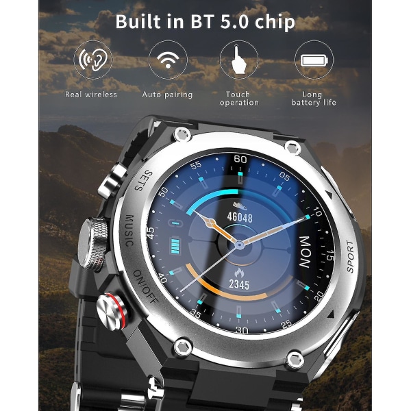 T92 smart watch med trådlösa hörlurar 2 i 1 aktivitetsarmband Bt-hörlurar Pulsmätare Eep-mätare Kompatibel med Ios Android-telefoner Black