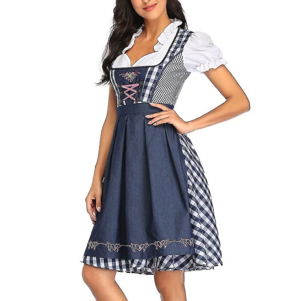Kvinnors Oktoberfest Beer aid Costume Bavarian Traditional Dirndl Dress Denim Blue Check M