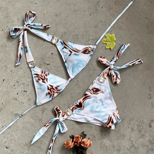 Kvinnlig Sommar Sexig Bikini Set Grimma för Rhinestone för Triangel BH Sidoband Bandage Bottnar Baddräkt Enfärgad Leopard Smycken Baddräkt Green M