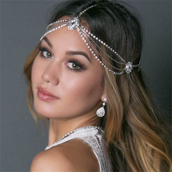 Fashion Crystal Head Chain Elegant Multi-Layer Bride bröllopshåraccessoarer Silver