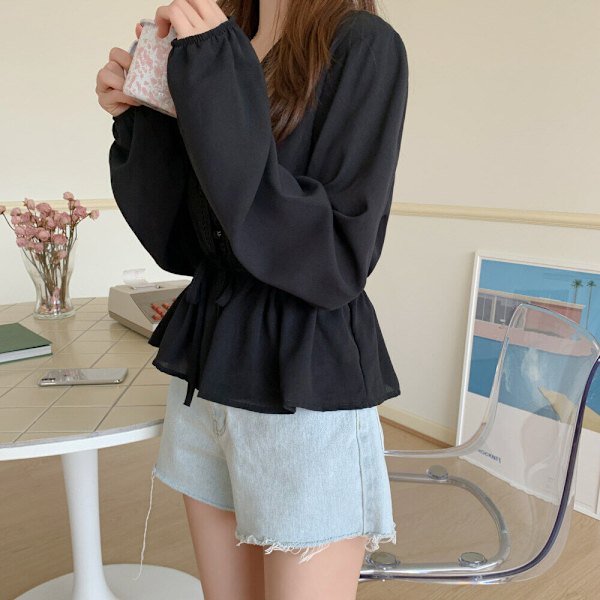 V-hals Hvit bluse Dame Sashes Dameklær 2021 Høst Blonde Black M