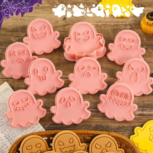 Ghost Cookie Cutter Sett - 10 deler plaststempel for Halloween-baking