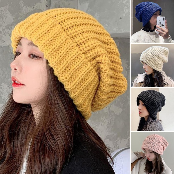 Stickad mössa Baggy Slouchy Ribbad flänsad Stretchig Håll dig varm Enfärgad Höst Vinter Kvinnor Män Cap för utomhusbruk Yellow
