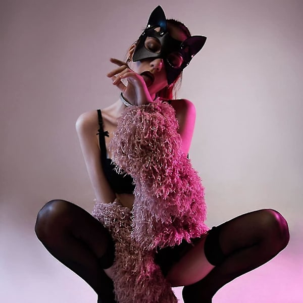 Sexet Katte Maske I Pu Læder Med Katteører - Halv Cosplay Maske - Sort Katte Maske Til Karneval, Maskerade, Halloween