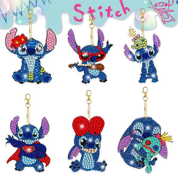 #6kpl Cartoon Stitch -sarjan timanttimaalaus avaimenperä#