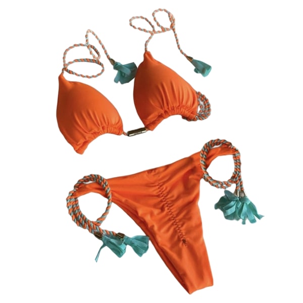 Tvådelad set för kvinna med strängad baddräkt Triangel-BH Topp med bikinibotten Sexig triangel-Bikini baddräkt Orange M