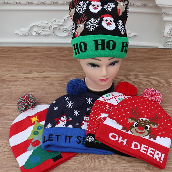 #(Röd) Julhatt, LED-hatt lysande stickad mössa färgglad#