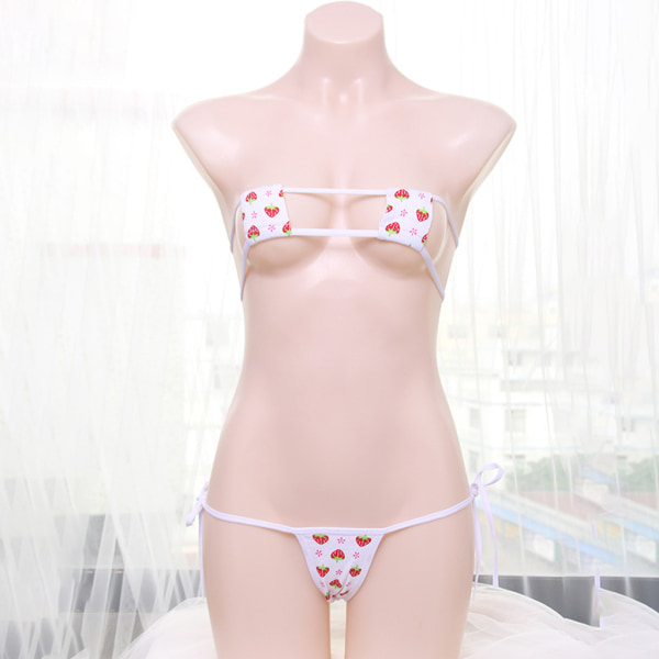 Damer Strawberry Print Underkläder Erotisk Square Cup Micro BH Thong Cosplay Bikini