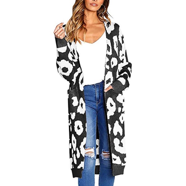 Dam Långärmad Öppen Front Leopard Stickad axi Cardigan Sweater Black M