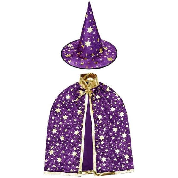 Barn Halloween kostym, Trollkarl Cape Häxkappa med hatt, Magie Lila