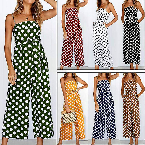 Kvinnors Strappy Holiday Playsuit Dam Jumpsuit Beach Dot Printed Bred Ben För Sommar Nytt Green M