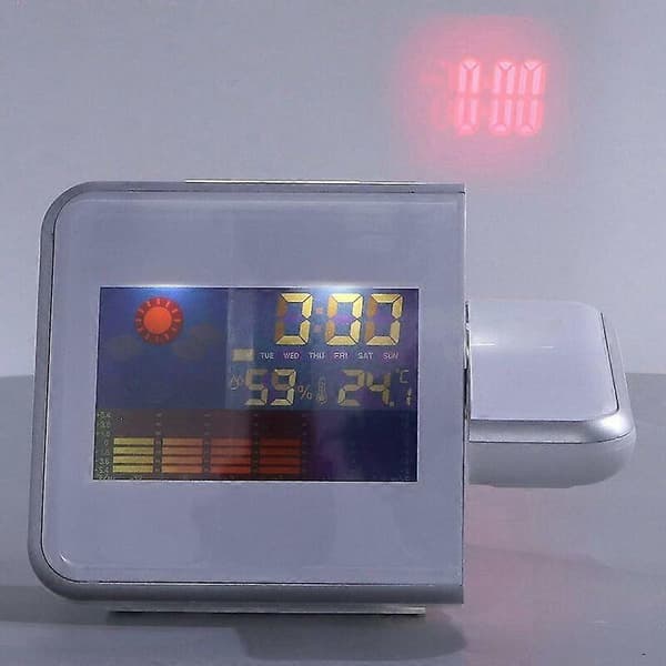 Digitalt projektionsvækkeur med termo-hygrometer, tid, dato