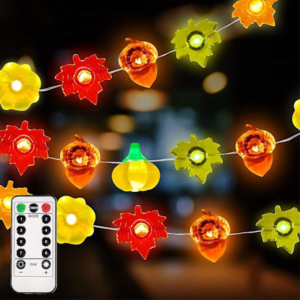 Syksyn koristevalot - 3 metriä 30 LED 3D kurpitsa-, vaahtera- ja tammenterho-valot kiitospäivään, Halloweeniin, jouluun, syntymäpäiviin ja kodin sisustukseen