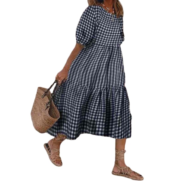 Dam sommarpläd Puffy kortärmad midiklänning Blue,L