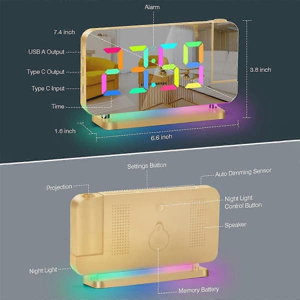 Projektionsvækkeur, 7,4 tommer LED spejl digitale ure display, +180 roterbar projektor, natlys guld