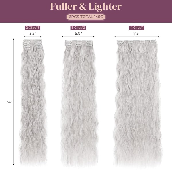 Clip In Hair Extensions. 6 stk Krøllete 24\" lang syntet