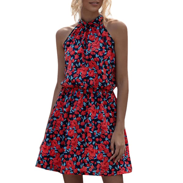 Halterneck Kvinnor A-line Print Klänning Navy Blue S