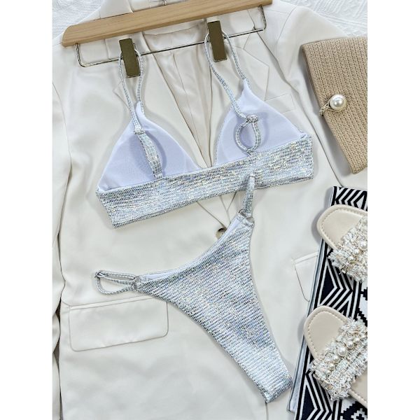 Dam O-Ring String Bikini Baddräkt Fräck-Thong-Badkläder Tvådelad Baddräkt Shiny-Bikini Set för strandkläder Silver L