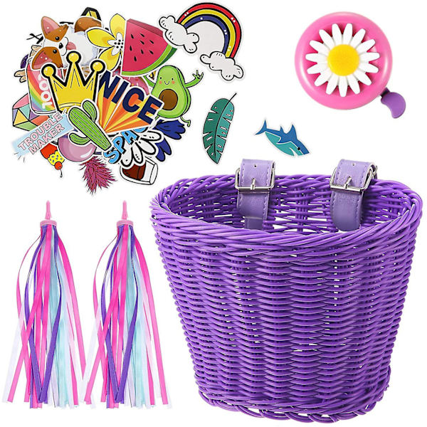 Barn Cykelkorg Fram Vävd Wicker Cykelkorg Med Styre Streamers Purple