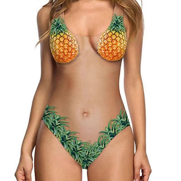 Morsom badedrakt for kvinner, tredelt badedrakt med 3D bikinitrykk, strandtøy