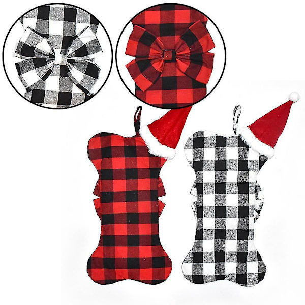 2-pack husdjurshund julstrumpor Pläd stor benform Hängande julstrumpa för hundar husdjur black red