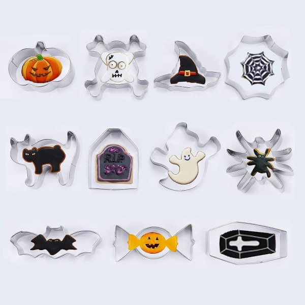 11-delade halloween-kakskärare i rostfritt stål - pumpa, häxhatt, spöke, fladdermus, katt, spindel, dödskalle, kistdesign