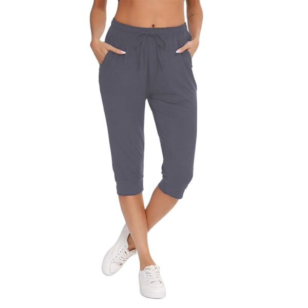 Dame Capri Bukser Elastisk midje Ensfarget Yoga bomull Bukser Grey M