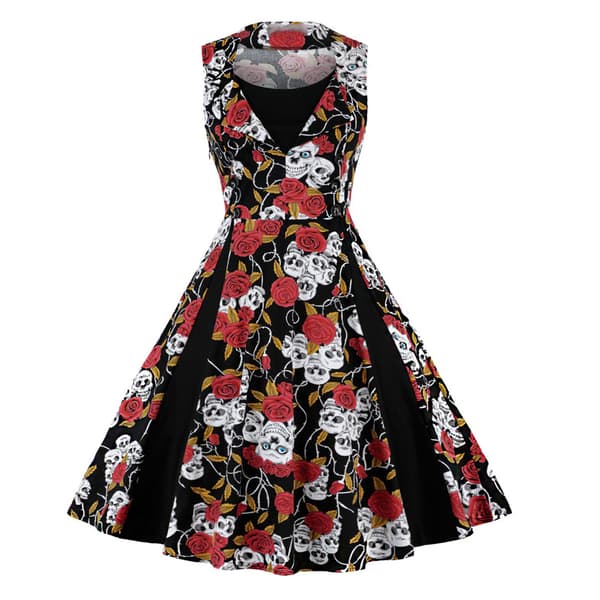 2023 Damsömmar Swing Kjol Skull Red Rose M