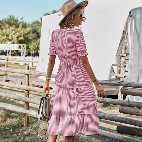 Randig, kortärmad, hög midja midiklänning för kvinnor med strängar Chic och elegant A-linjeklänning för damer sommarkläder för kvinnor pinkstriped L
