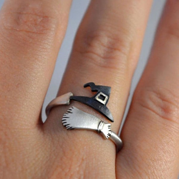 Söta kvinnor halloween häxa hatt kvast öppna finger ring justerbar smycken gåva US 7