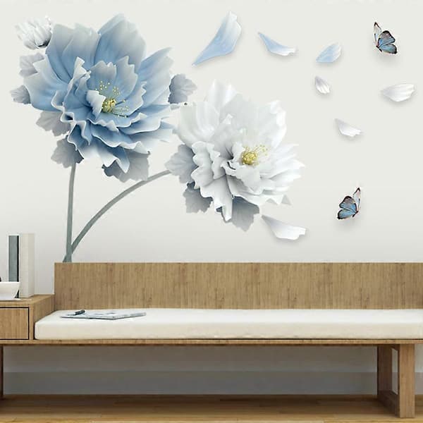 Store hvite blå blomster lotus sommerfugl flyttbare veggklistremerker 3d