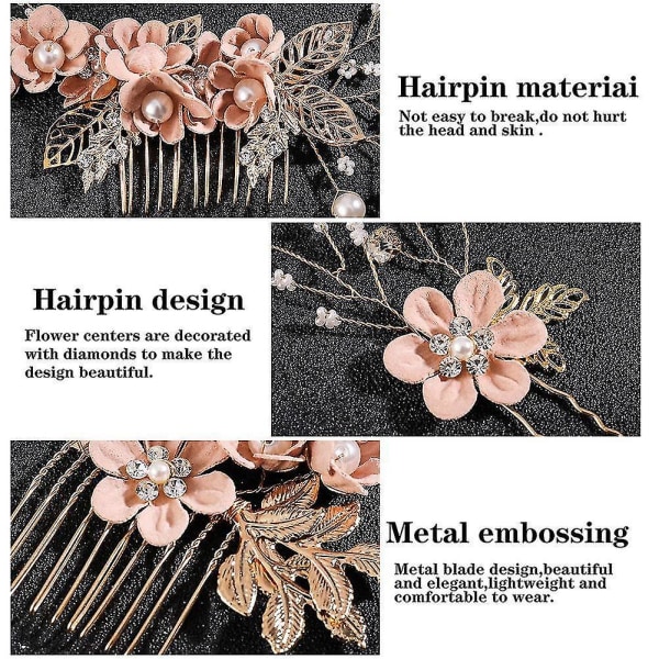 Bryllupshårkam Perle Krystall Brud Hårtilbehør Hårsidekamklemmer Rose Gull Blomst Rhinest