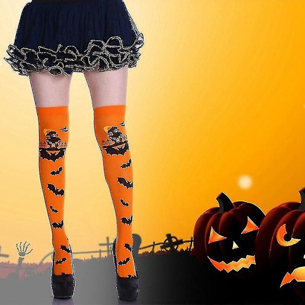 Retro Sjov Halloween Skelet Lang Knæhøj Kostume Flagermus Print Haloween Blød Strømpe
