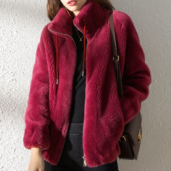 Dam fleece fluffig Teddy Bear Coat Plain Pocket Jacka Ytterkläder Röd M