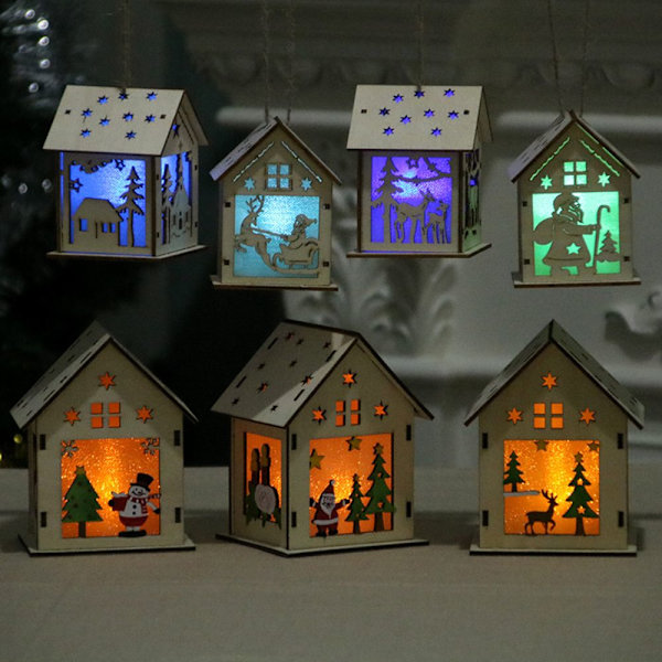 LED Ljus Lampa Jul Trä Hus Träd Hängande A-7X7X9CM