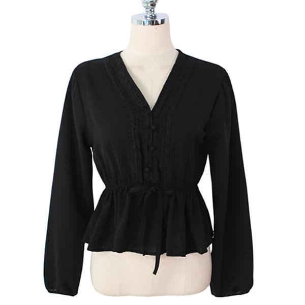 V-udskåret Hvid bluse Dame Sashes Dametøj 2021 Efterår Blonde Black M