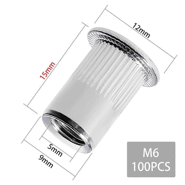 100 stk M6 Flathodet Gjenget Naglemutter, 304 Rustfritt Stål Gjengede Naglemuttere, Gjengede Innsatser Sortiment for Metall (12mm*15mm)
